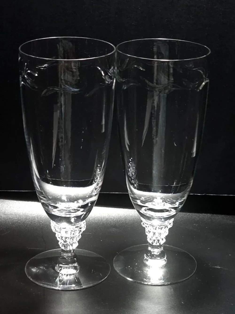 2 Tiffin Franciscan Mimi Ice Tea Glasses cut crystal botanical leaf sculpted